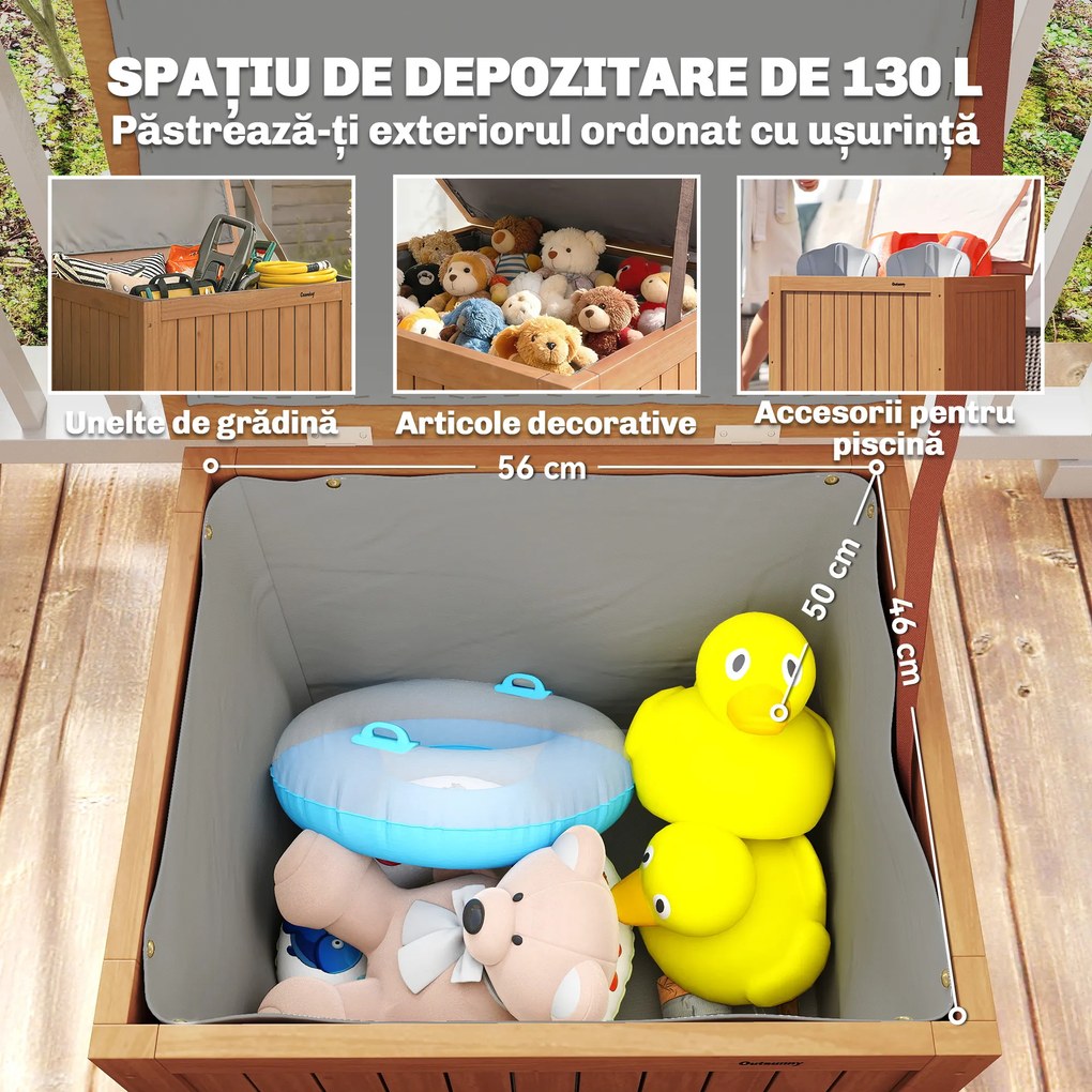 Outsunny Bancă de Exterior 130L, Capac, Cutie Lemn cu Balamale și Curea | Aosom Romania