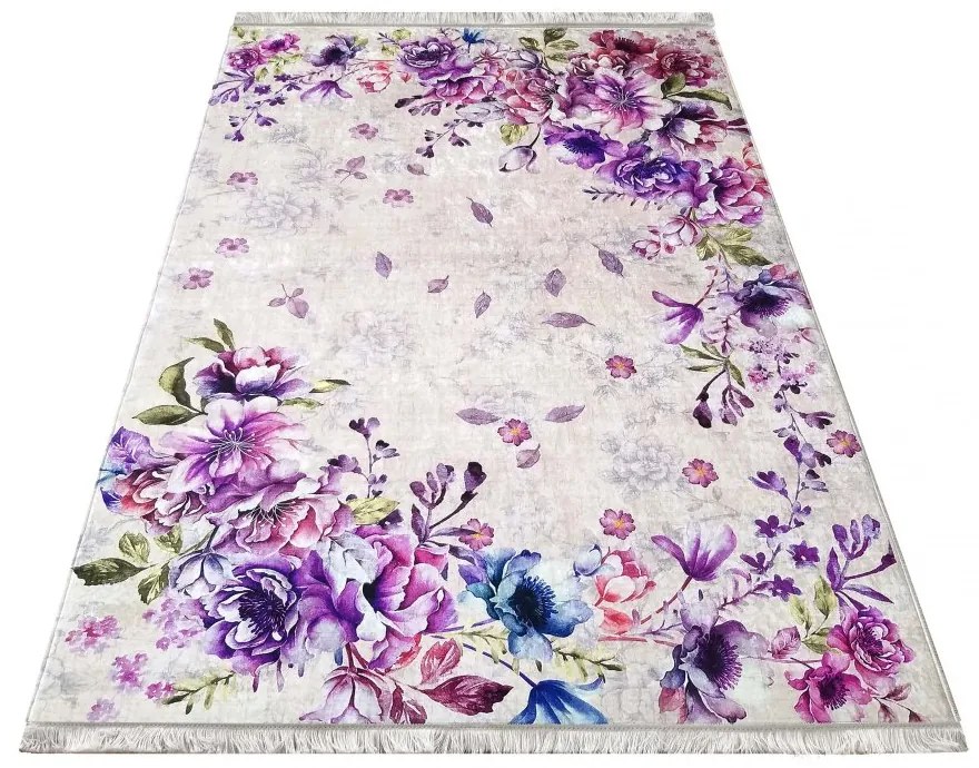 Covor antiderapant mov cu model floral Lățime: 160 cm | Lungime: 220 cm