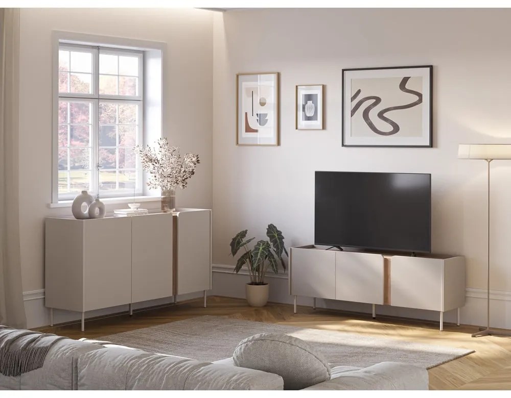 Comodă TV crem/în culoare naturală cu aspect de lemn de stejar 140x53x35 cm Lucile – Marckeric