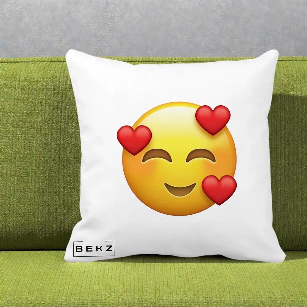 Perna Decorativa Emoji cu 3 Inimi, 40x40 cm, Alba Mata, Husa Detasabila, Perna Inclusa, BEKZ®