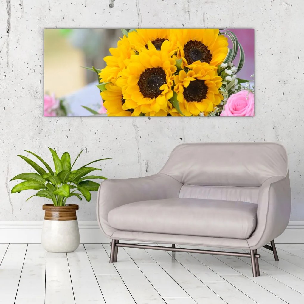 Tablou cu buchetul miresii de floarea soarelui (120x50 cm)