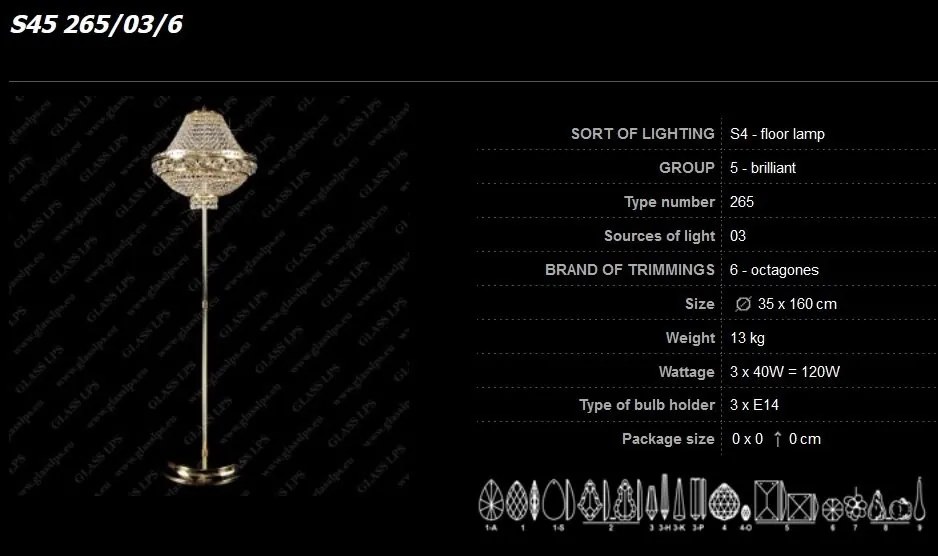 Lampadar, lampa de podea LUX cristal Bohemia S45 265/03/6