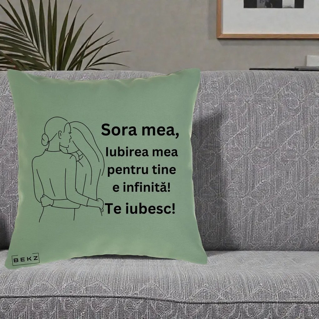 Cadou pentru Sora - Perna Personalizata Sora Mea Te Iubesc Imbratisare din Spate Line Art, 40x40 cm, Verde, Husa Detasabila, Perna Inclusa, BEKZ®