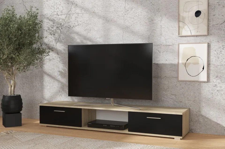 Comodă TV, 176x40x28, Sella, ADRK Furniture (Culoare: Sonoma / Alb Mat)