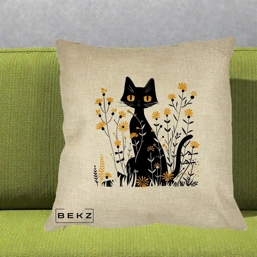 Perna Decorativa Pisica Neagra Ochi Galbeni Flori Galbene, 40x40 cm, Crem, Husa Detasabila, Perna Inclusa, BEKZ®