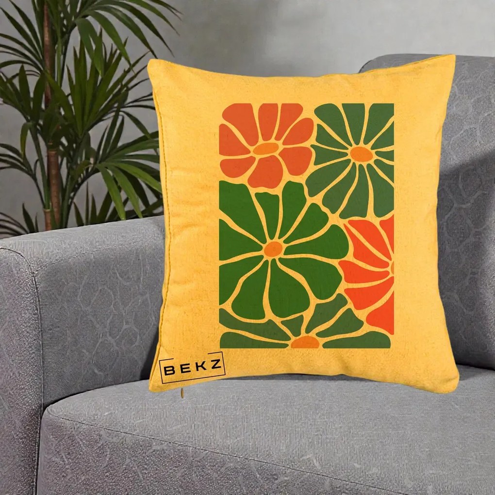Perna Decorativa Flori Grafice Verde-Roz-Albastru, 40x40 cm, Galben, Husa Detasabila, Perna Inclusa, BEKZ®