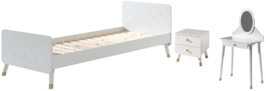 Set Pat Single, Noptieră și Masă de Toaletă pentru Copii, 3 Piese, 90x200 cm, Alb Satinat (Pin Masiv și MDF) – Billy – Vipack