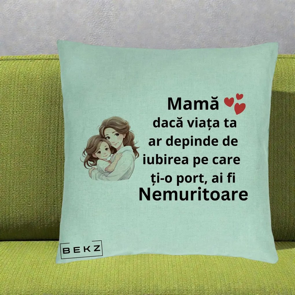 Cadou pentru Mama - Perna Personalizata Mama Nemuritoare cu Balon Inima, 40x40 cm, Verde Menta, Husa Detasabila, Perna Inclusa, BEKZ®