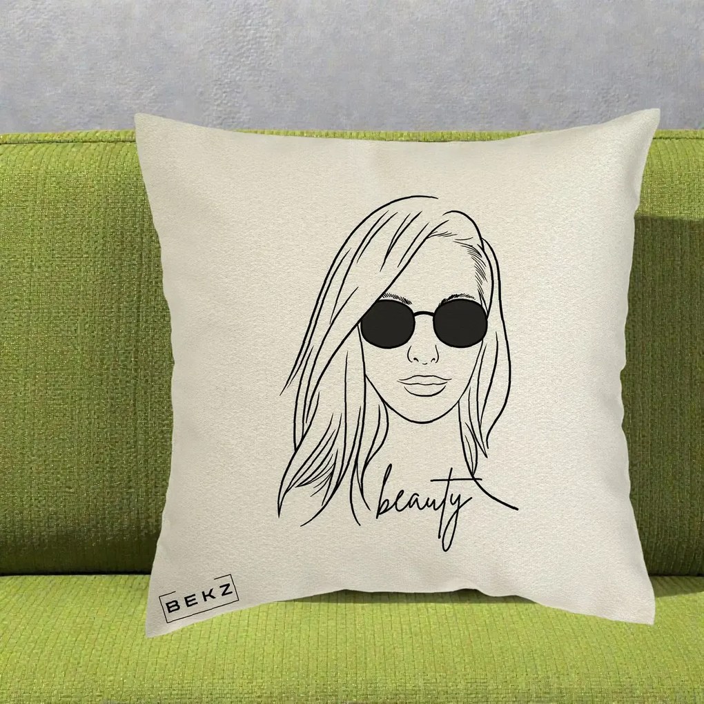 Perna Decorativa Beauty Girl Line Art, 40x40 cm, Ecru, Husa Detasabila, Perna Inclusa, BEKZ®