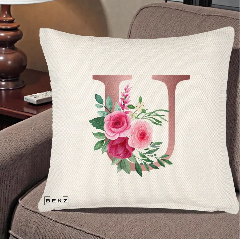 Cadou Personalizat - Perna Personalizata Monograma Rose Gold Litera U, 40x40 cm, Crem Reliefat, Husa Detasabila, Perna Inclusa, BEKZ®