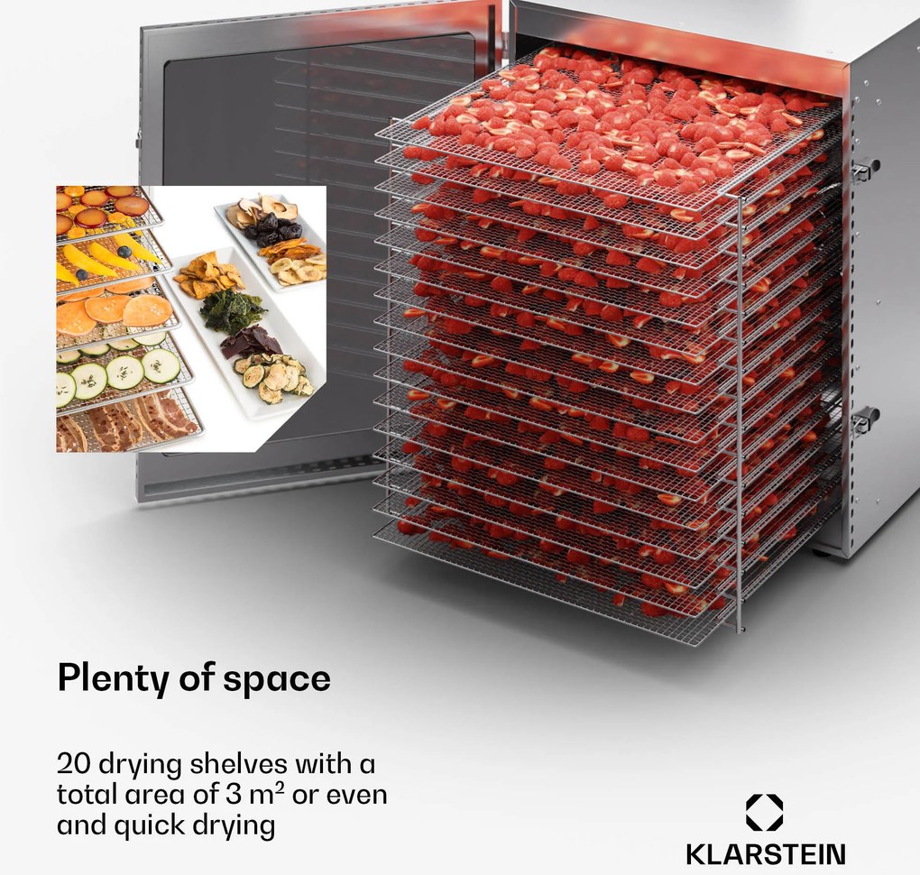 Klarstein Căpitanul Jerky 200, Deshidrator, 2000 W 30-90 °C. cronometru de 24 de ore, din oțel inoxidabil