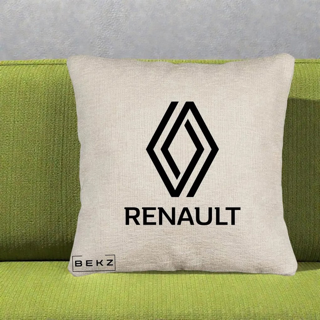 Perna Personalizata cu emblema Renault, 40x40 cm, Bej Canapea, Husa Detasabila, Perna Inclusa, BEKZ®