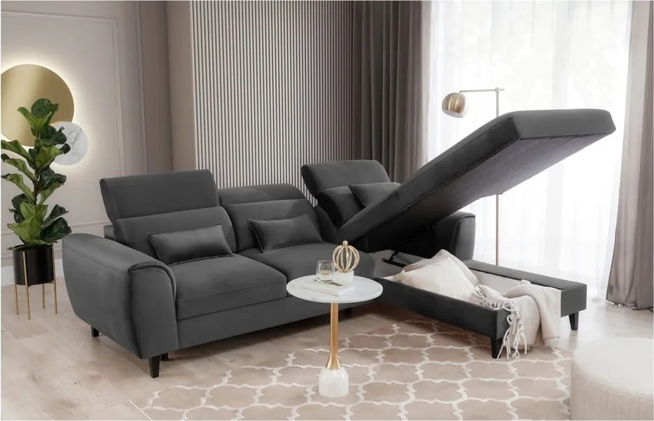 Colțar gri închis extensibil/cu spațiu de depozitare cu tapițerie din catifea (cu colț pe partea dreaptă/cu șezlong) Foble – ELTAP