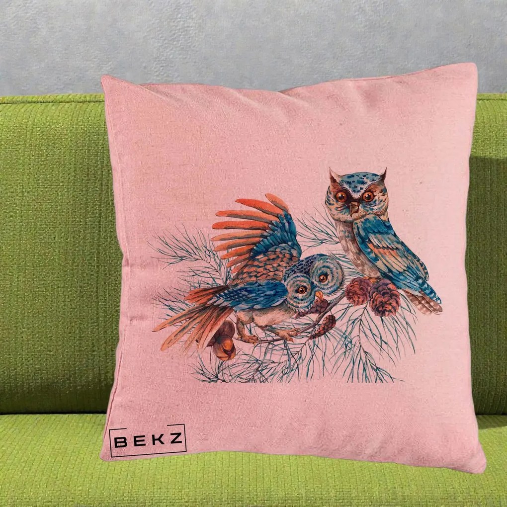 Perna Decorativa Bufnite de Iarna Albastre, 40x40 cm, Roz, Husa Detasabila, Perna Inclusa, BEKZ®