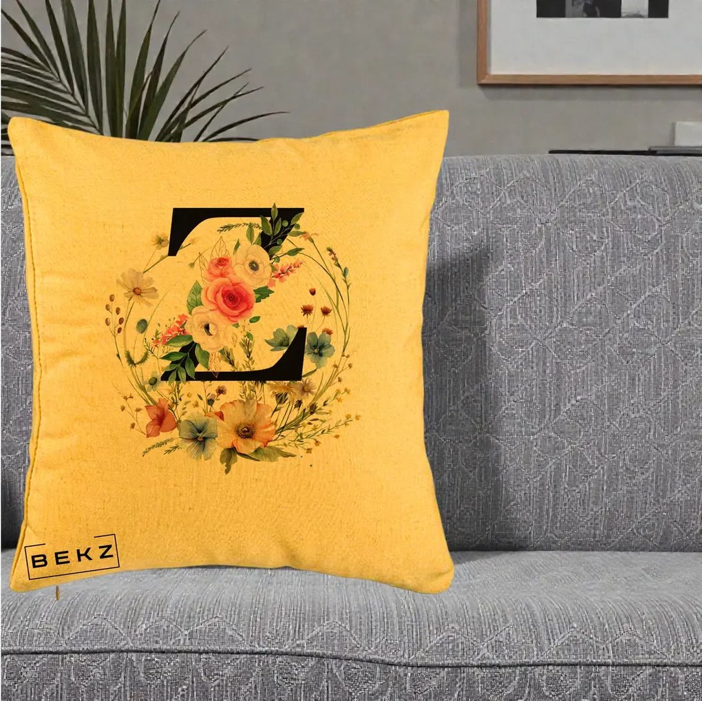 Cadou Personalizat - Perna Personalizata Monograma Florala Litera Z cu Coroana, 40x40 cm, Galben, Husa Detasabila, Perna Inclusa, BEKZ®