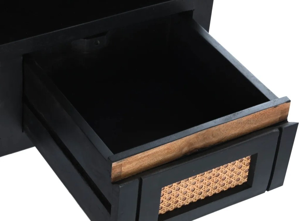 Comodă TV living din lemn de mango, negru, cu 2 uși, 2 sertare, nișă deschisă și inserții din ratan împletit, 60 x 145,5 x 40,5 cm, „Cheverny”