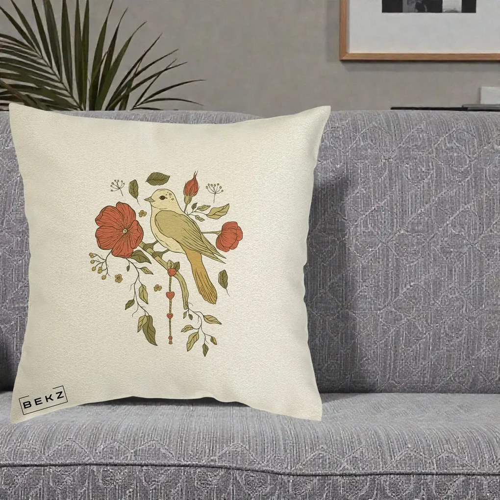 Perna Decorativa Pasare pe Ramura cu Maci, 40x40 cm, Ecru, Husa Detasabila, Perna Inclusa, BEKZ®