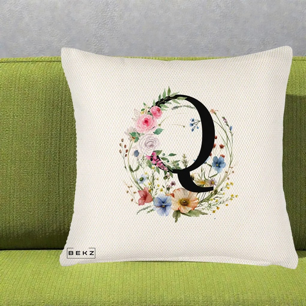 Cadou Personalizat - Perna Personalizata Monogram Litera Q cu Flori Acuarela, 40x40 cm, Crem Reliefat, Husa Detasabila, Perna Inclusa, BEKZ®