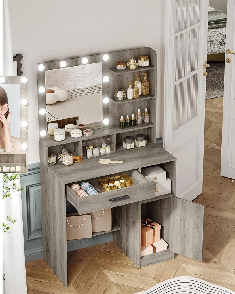 SEG19 - Set Masa toaleta 80 cm, cosmetica, machiaj, oglinda cu LED, masuta vanity, make-up - Gri / Alb / Negru