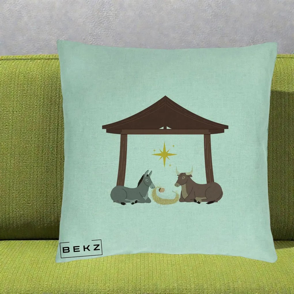 Perna Decorativa Ieslea din Betleem cu Iesle Asin si Bou, 40x40 cm, Verde Menta, Husa Detasabila, Perna Inclusa, BEKZ®