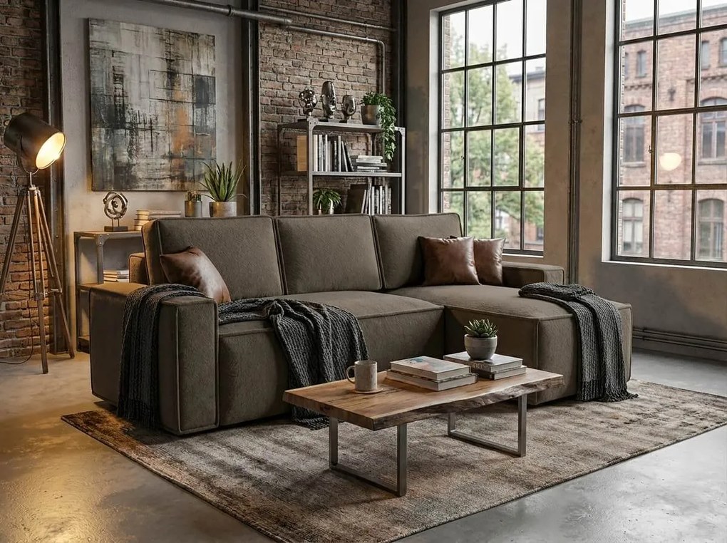 Canapea extensibila de colt SMART BOUCLE, gri-maro, reversibila, 232x143 cm