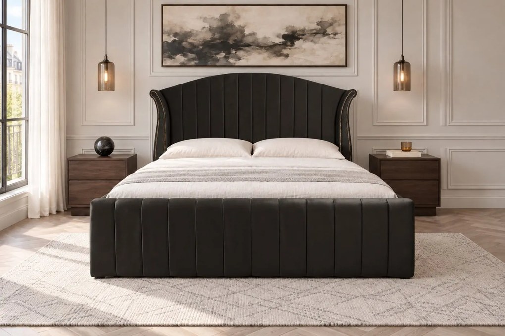 Pat tapițat din catifea Velluto Line 160×200 cm, negru, cu ladă de depozitare