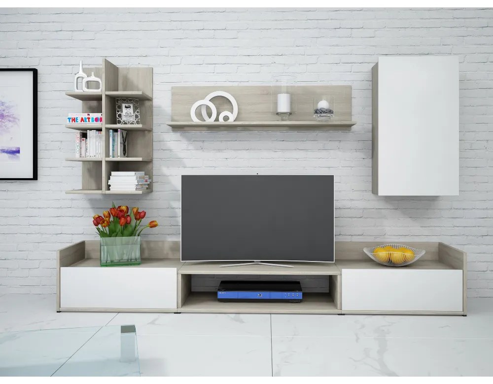 Biblioteca Karin, 200x40x160 cm, 4 corpuri, culoare bej deschis/sonoma, pal 16 mm