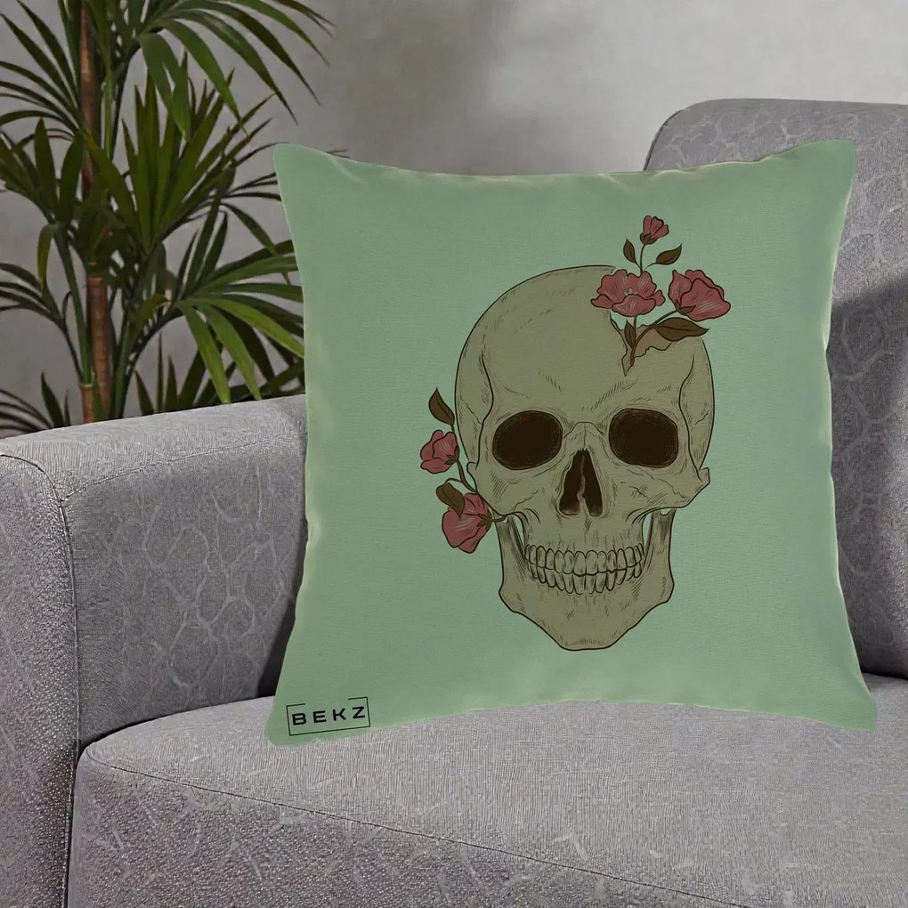 Perna Decorativa Craniu Floral Gothic, 40x40 cm, Verde, Husa Detasabila, Perna Inclusa, BEKZ®