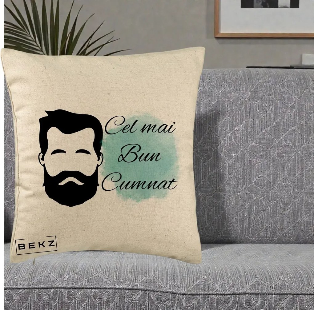 Cadou pentru Cumnat - Perna Personalizata Cel mai Bun Cumnat cu Portret Barbat si Pete Teal, 40x40 cm, Bej, Husa Detasabila, Perna Inclusa, BEKZ®