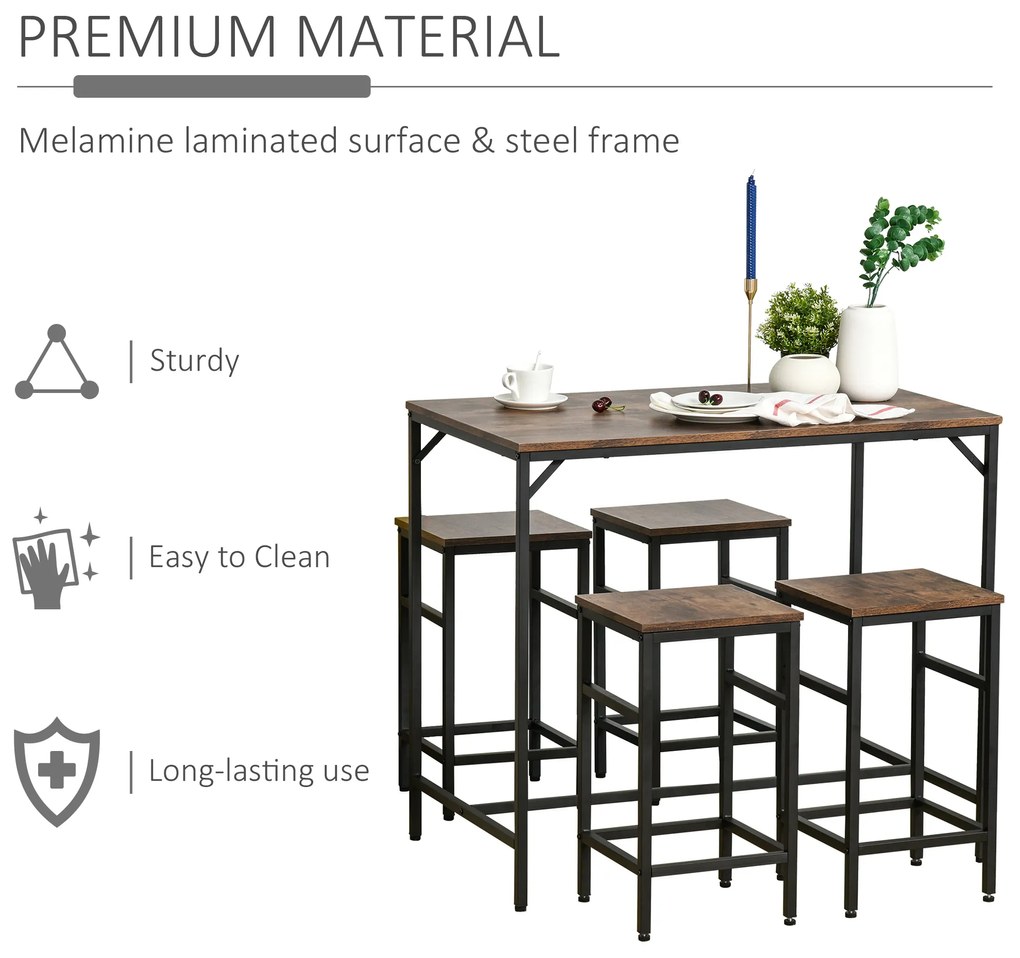 HOMCOM Masă Bar cu 4 Taburete, Stil Industrial, Picioare Antialunecare, Ideal pentru Bucătărie și bar, Maro, 100x60x88 cm | Aosom Romania