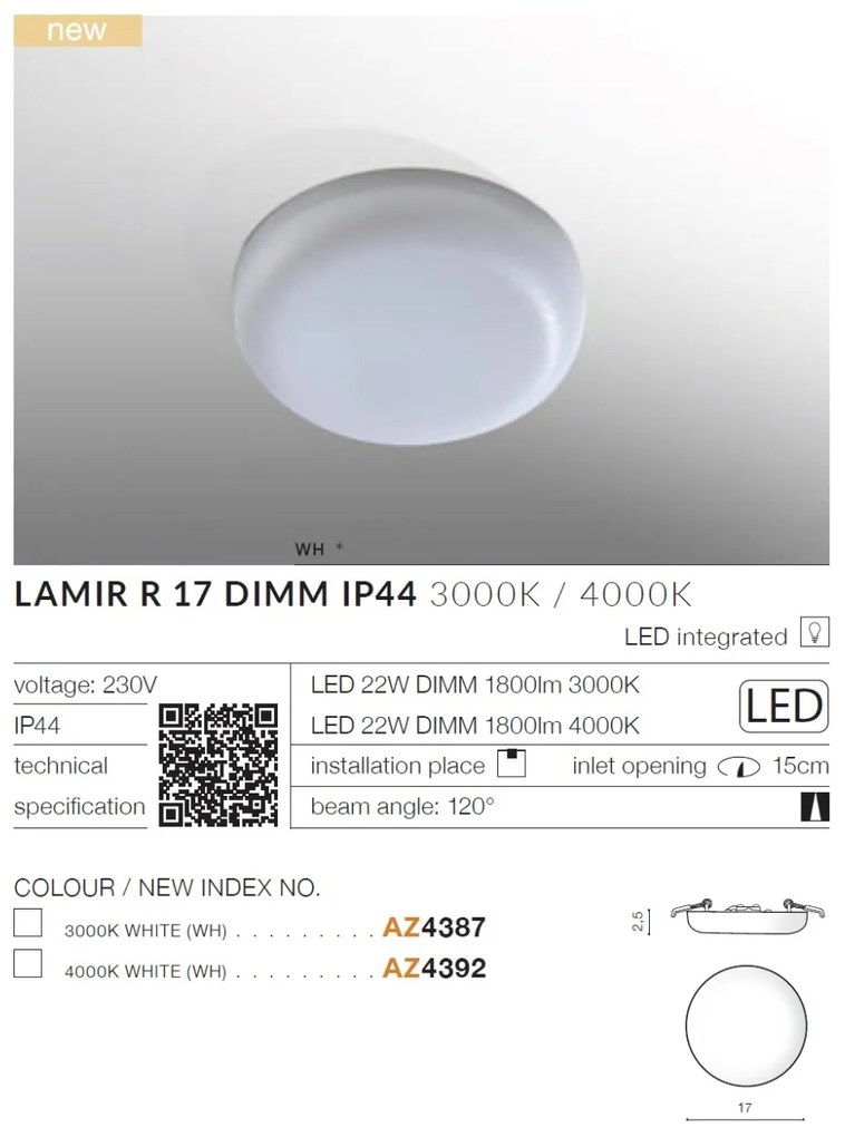 Spot LED incastrabil tavan/plafon baie LAMIR R 17 DIMM IP44 4000K
