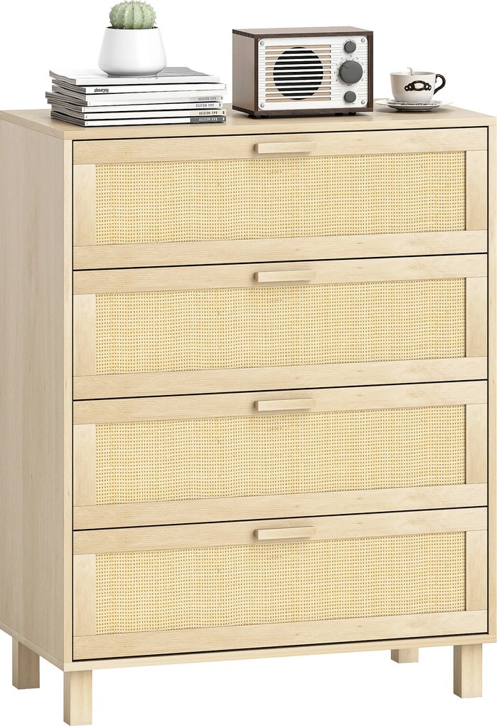 HOMCOM Comodă 4 sertare cannage din ratan dim. 80L x 40l x 103H cm MDF Aspect Lemn Deschis | Aosom Romania