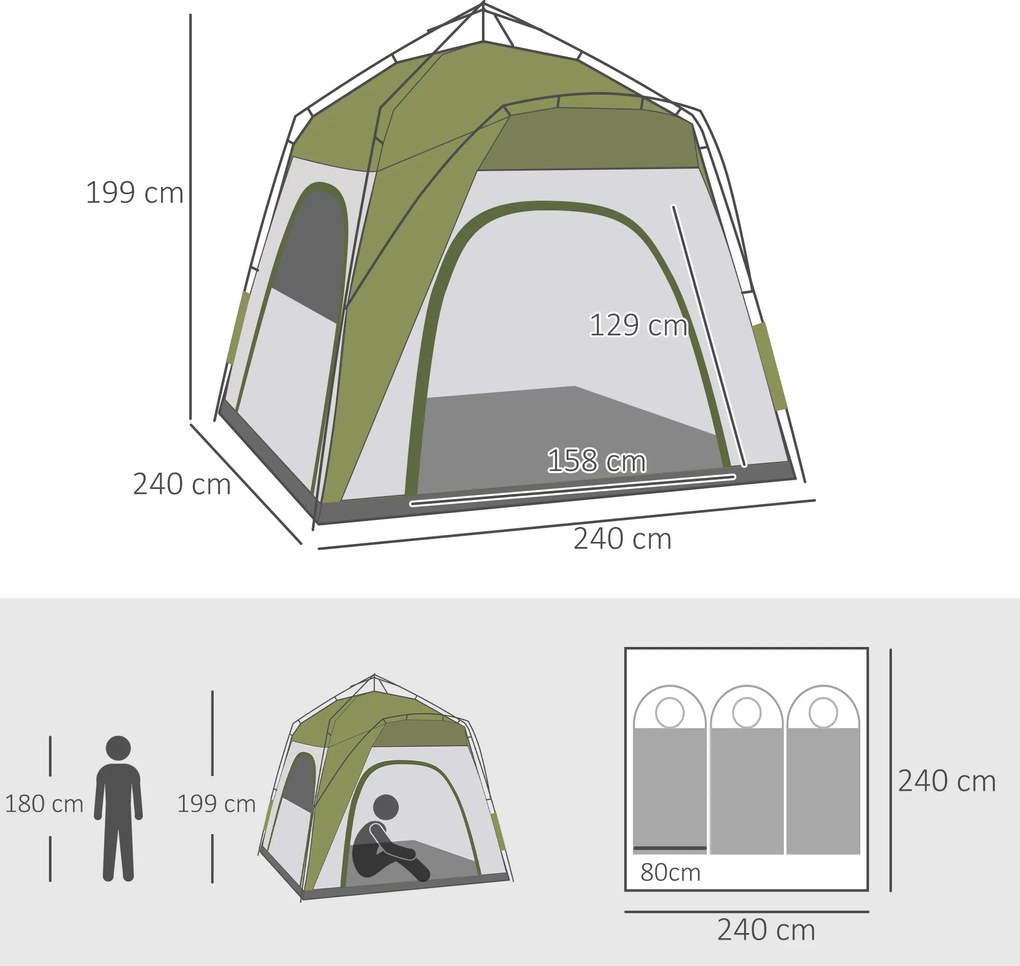 Outsunny Cort pentru Camping cu 2 Locuri, Cort cu Ușă, 3 Ferestre cu Plasă și Geantă pentru Transport, 240x240x199 cm, Verde | Aosom Romania