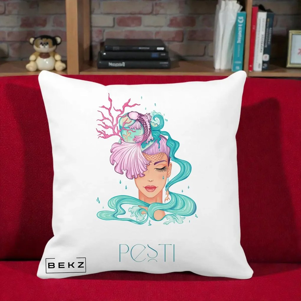 Perna Personalizata Zodiac Pesti Cowgirl, 40x40 cm, Alba Mata, Husa Detasabila, Perna Inclusa, BEKZ®