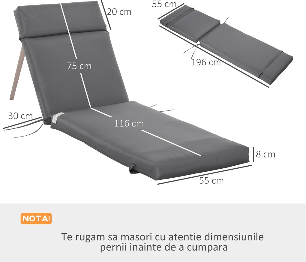 Outsunny Set 2 Perne pentru Scaune de Exterior cu Curele, Perne de Exterior Umplute cu Bumbac și Poliester, pentru Șezlonguri, Fotolii de Grădină, 196x55x8 cm, Gri Închis | Aosom Romania