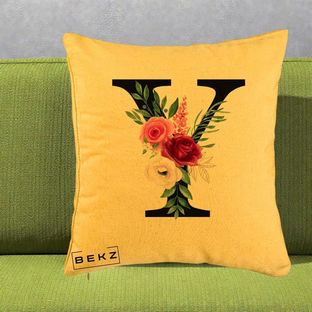 Cadou Personalizat - Perna Personalizata Monograma Florala Litera Y cu Buchet, 40x40 cm, Galben, Husa Detasabila, Perna Inclusa, BEKZ®