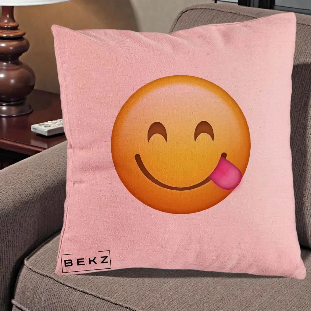 Perna Decorativa Emoji Limba Scoasa, 40x40 cm, Roz, Husa Detasabila, Perna Inclusa, BEKZ®