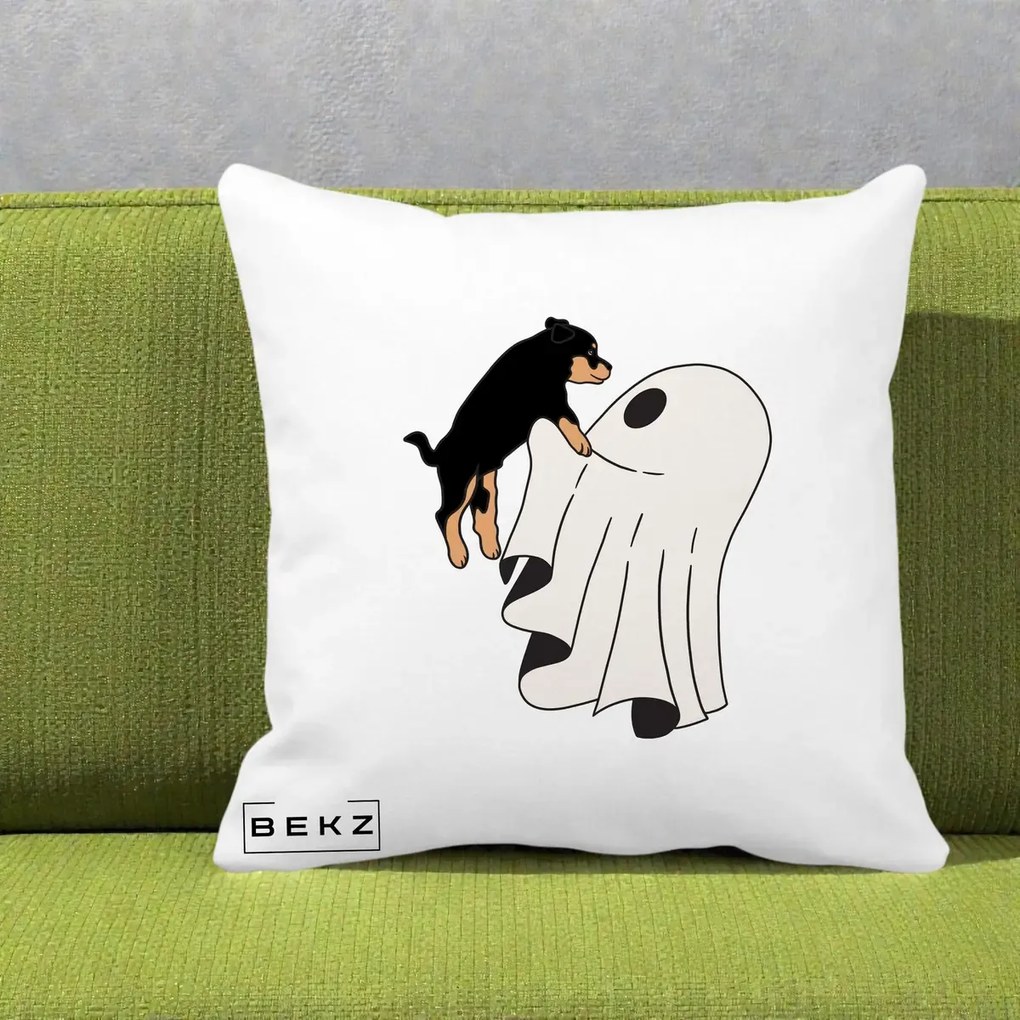 Perna Decorativa Caine Rottweiler Fantoma Halloween, 40x40 cm, Alba Mata, Husa Detasabila, Perna Inclusa, BEKZ®