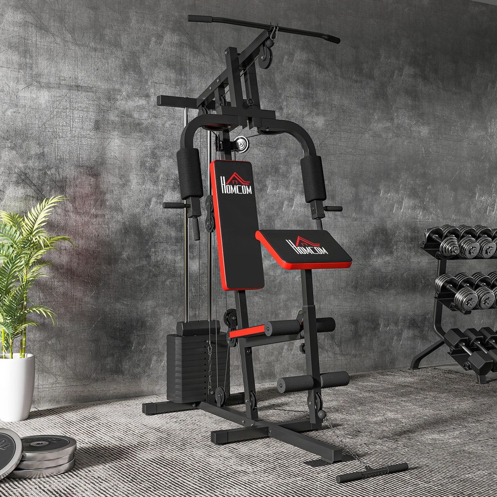 HOMCOM Power Tower Stație Fitness Greutăți 65kg, 135x103x210cm, Negru Roșu | Aosom Romania