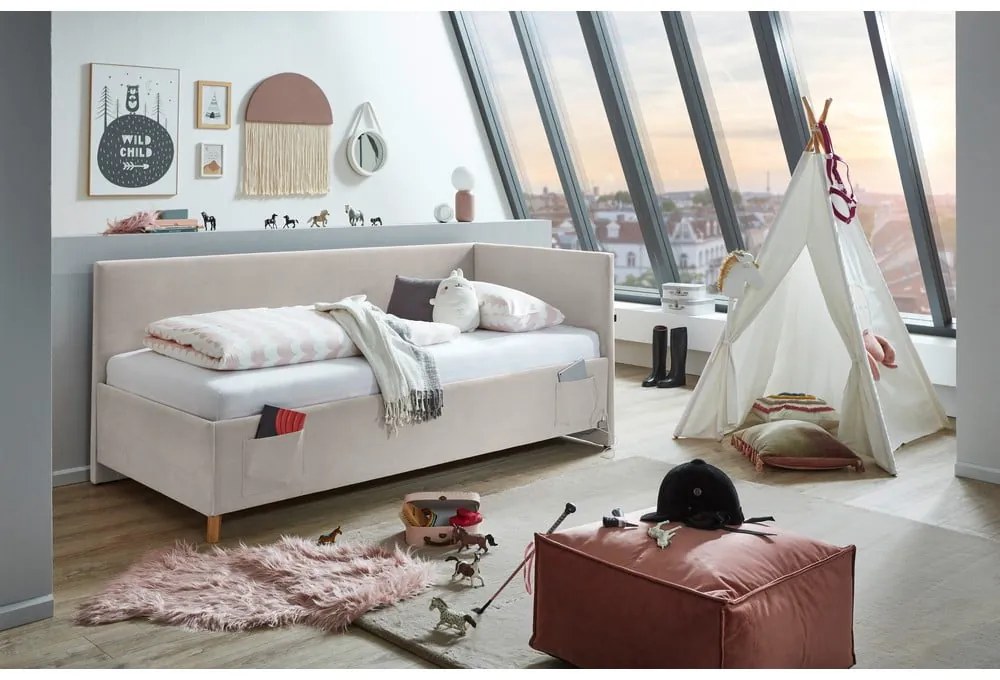 Pat pentru copii bej pe colț tapițat fără somieră 140x200 cm Cool – Meise Möbel