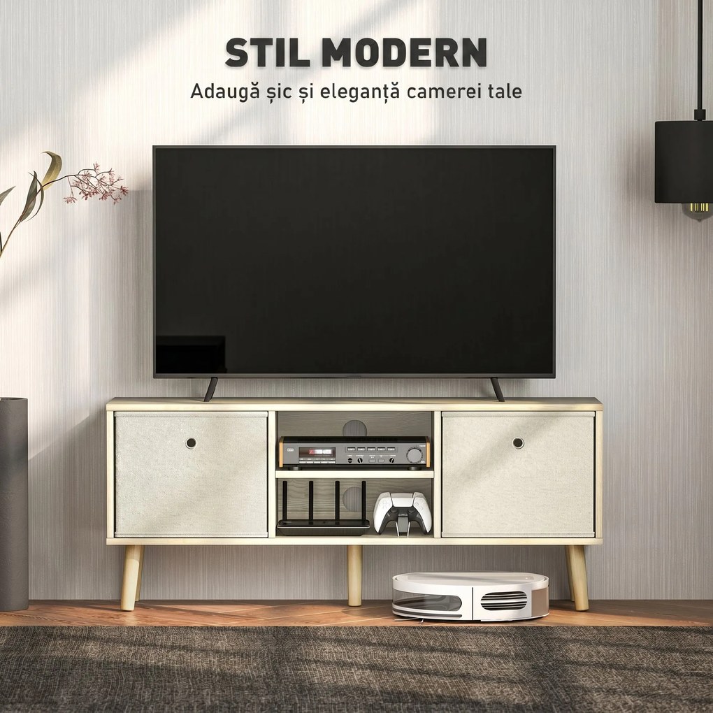 HOMCOM Comodă TV pentru TV de până la 50", cu 2 sertare detașabile și 2 rafturi deschise, 110x29x46,5 cm, aspect lemn și bej | Aosom Romania