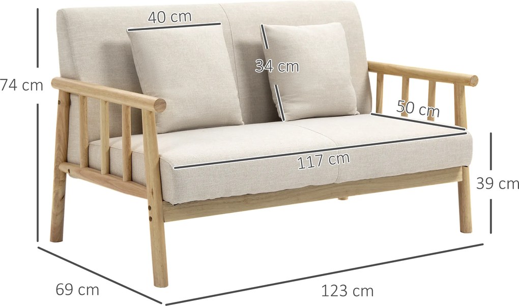HOMCOM Canapea 2 locuri, husă cu aspect de in, compactă, până la 200 kg, cadru din lemn, 123L x 69B x 74H cm, Bej | Aosom Romania