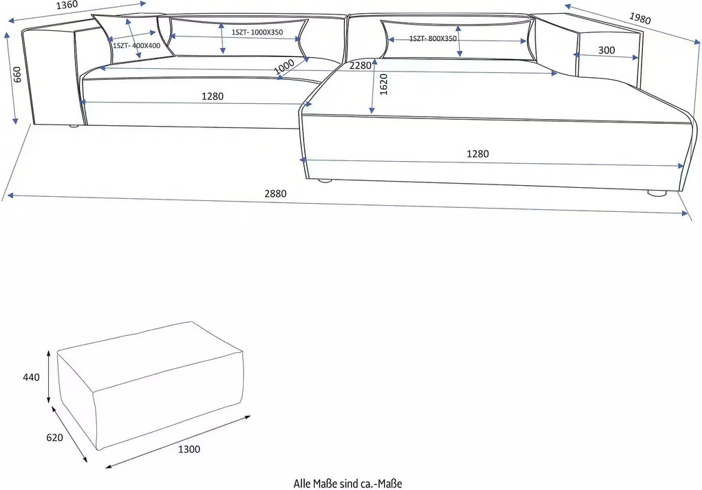 Colțar fix cu otoman inclus, cu picior pe dreapta, culoare bej deschis, material țesătura, 288x198 cm