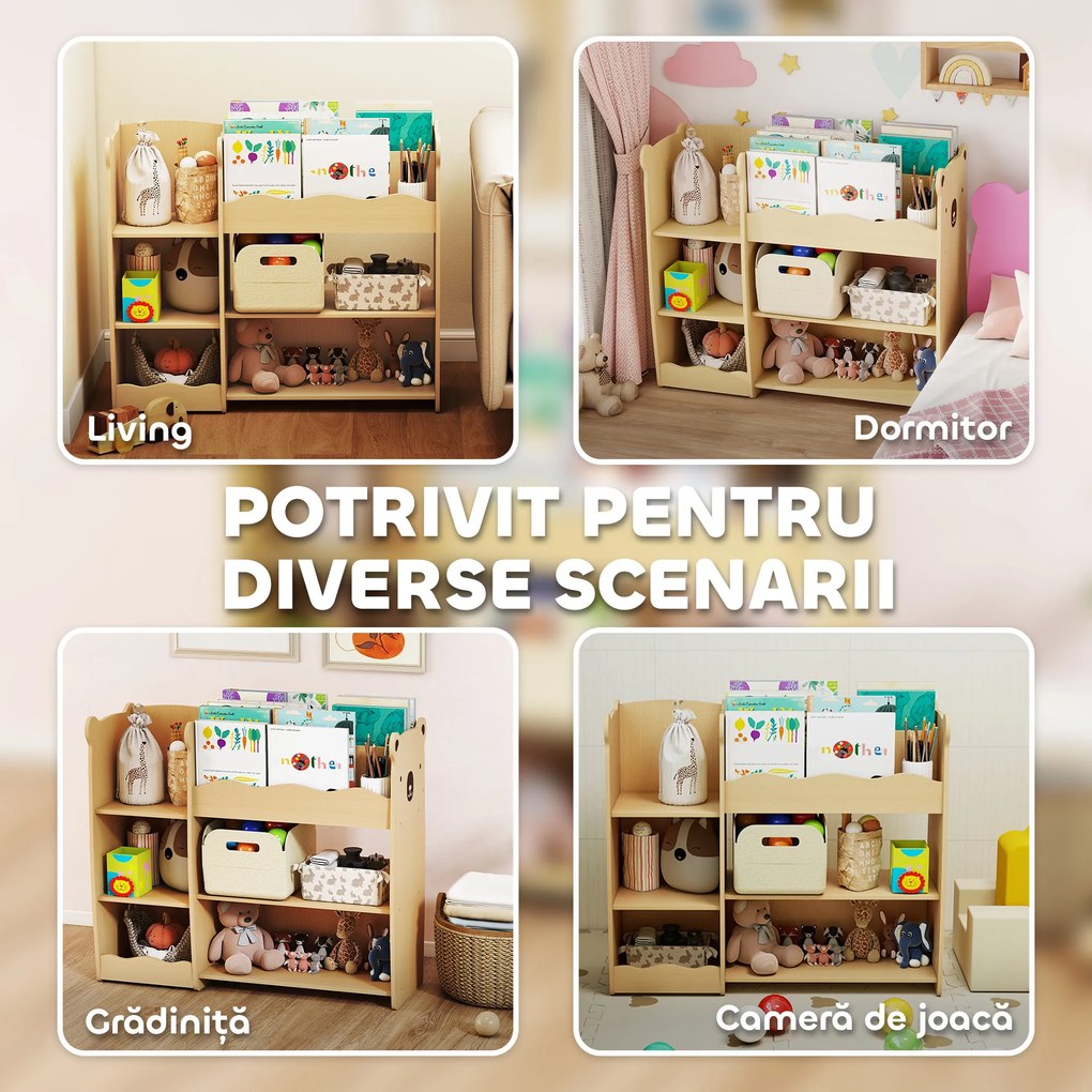 AIYAPLAY Raft pentru Jucării pentru Copii 3-8 Ani cu 7 Rafturi Deschise, Mobilier pentru Copii din MDF, 92x29x79 cm, Culoare Lemn | Aosom Romania