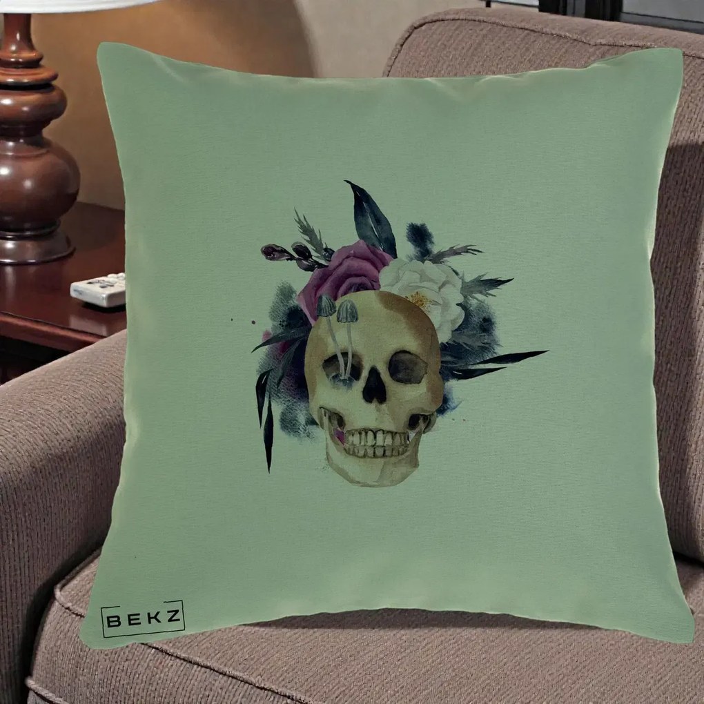 Perna Decorativa Craniu Floral cu Trandafiri si Ciuperci, 40x40 cm, Verde, Husa Detasabila, Perna Inclusa, BEKZ®