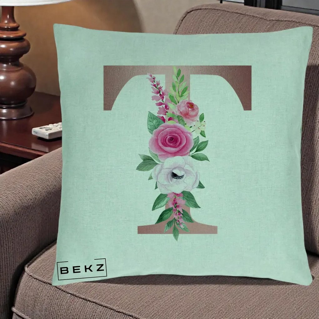 Cadou Personalizat - Perna Personalizata Monograma Rose Gold Litera T, 40x40 cm, Verde Menta, Husa Detasabila, Perna Inclusa, BEKZ®