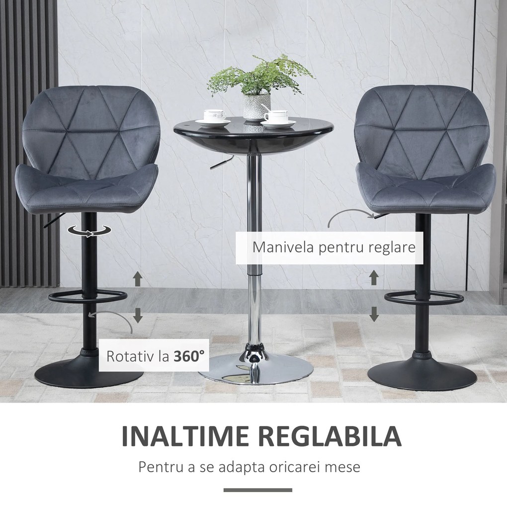 HOMCOM Set de 2 Scaune de Bar cu Înălțime Reglabilă, Bază Metalică și Șezut din Catifea, 51.5x57.5x93-114.5 cm, Gri | Aosom Romania