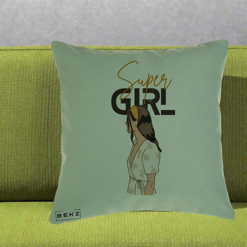 Perna Decorativa Super Girl Aesthetic, 40x40 cm, Verde, Husa Detasabila, Perna Inclusa, BEKZ®