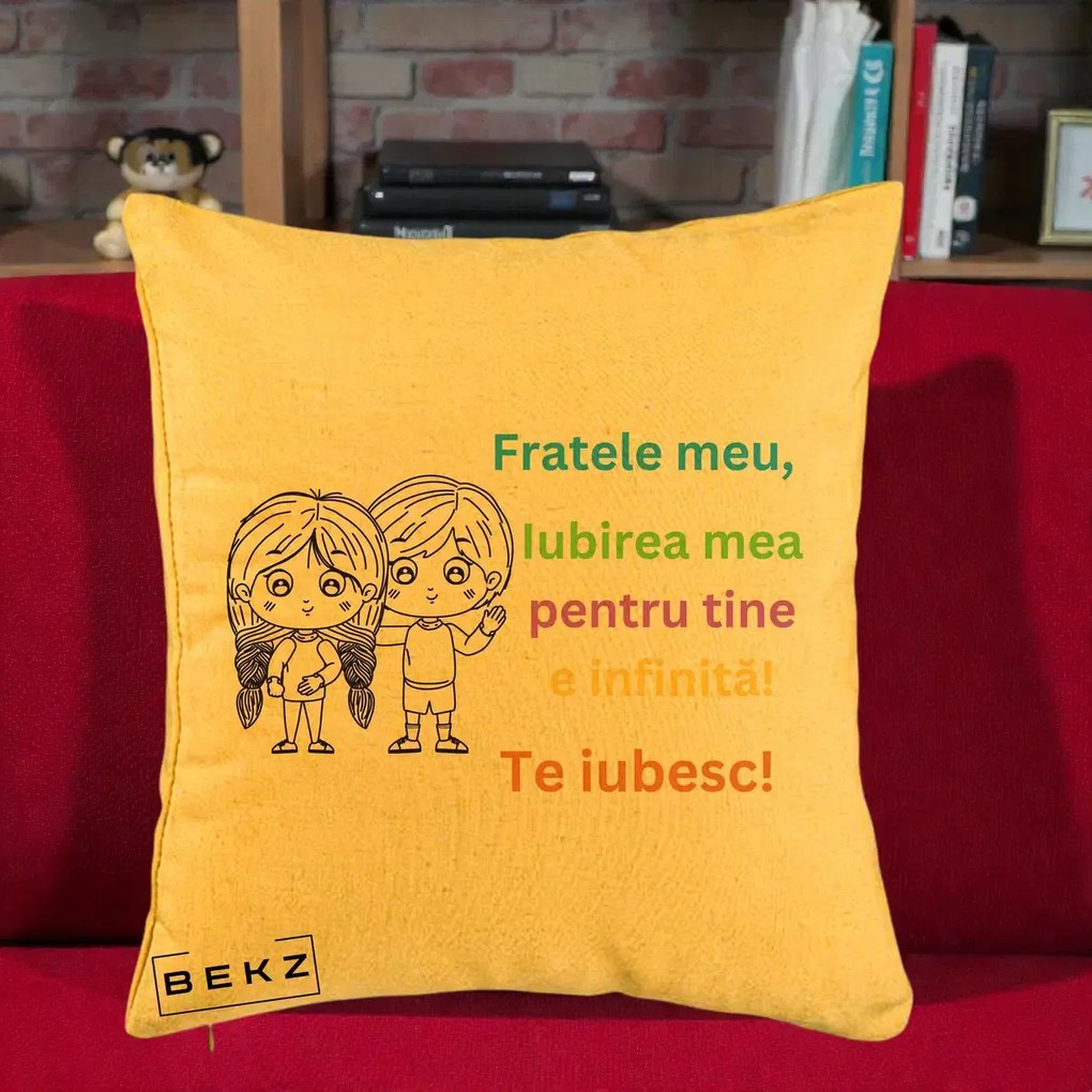 Cadou pentru Frate - Perna Personalizata Fratele Meu Te Iubesc Copii Anime Colorat, 40x40 cm, Galben, Husa Detasabila, Perna Inclusa, BEKZ®