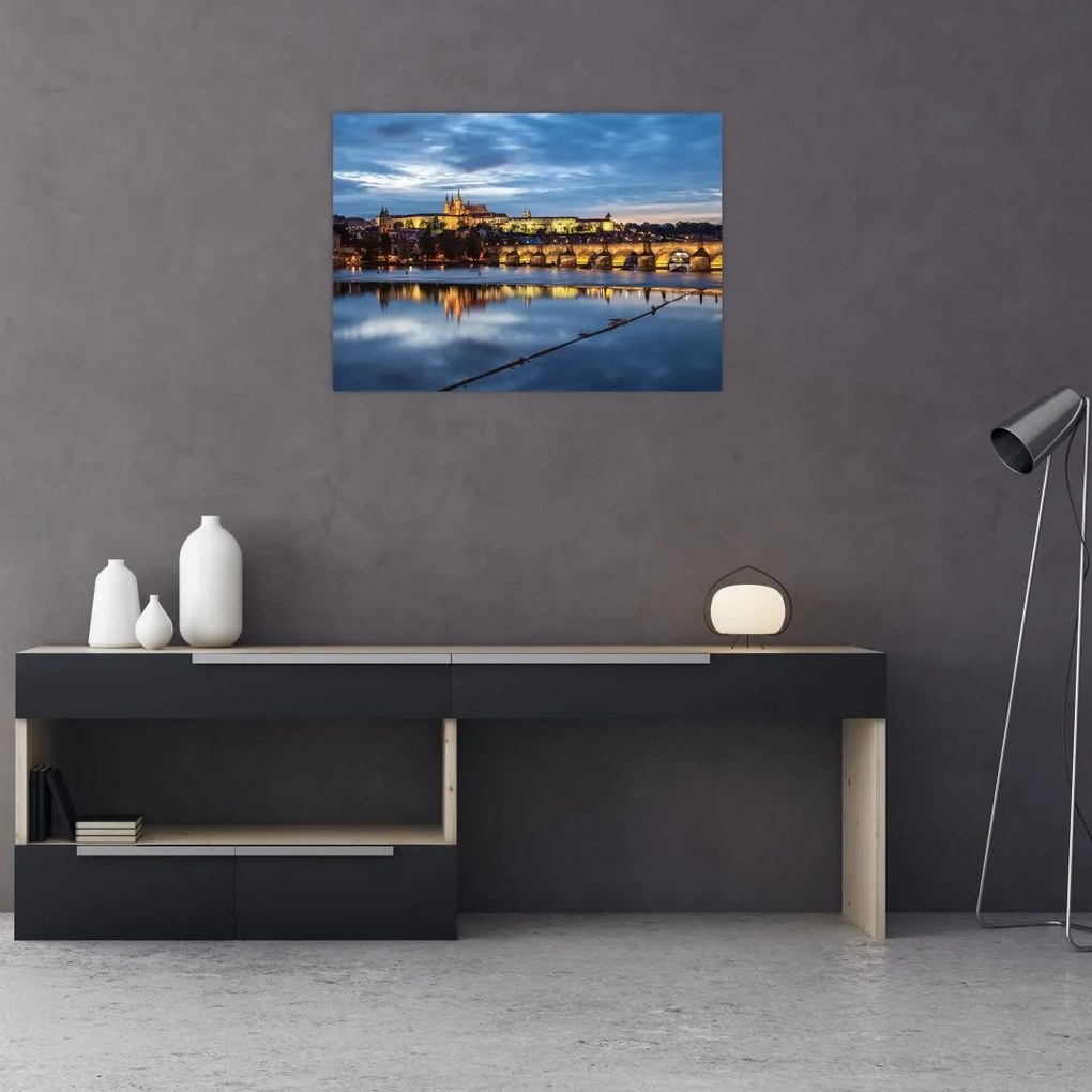 Tablou pe sticlă cu palatul din Praga și podul lui Carol (70x50 cm)